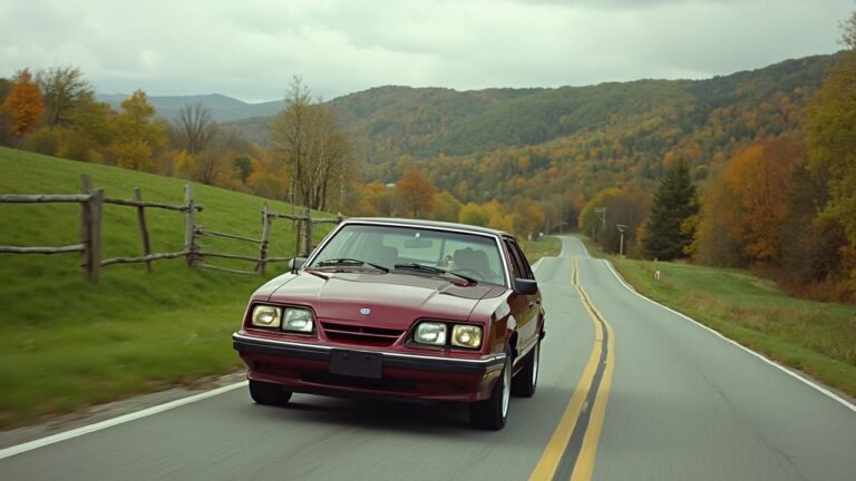 Red classic car driving on a winding road through colorful fall foliage