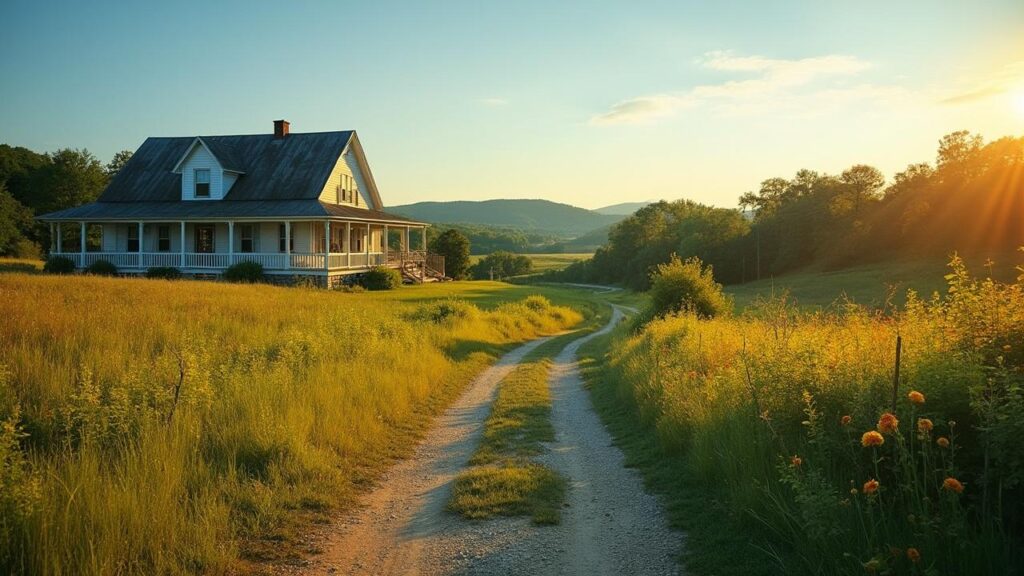 A picturesque farmhouse nestled in a serene countryside landscape.