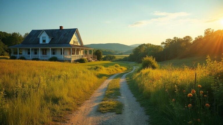 A picturesque farmhouse nestled in a serene countryside landscape.