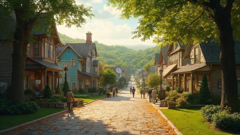 A charming village street lined with colorful historic buildings and pedestrians