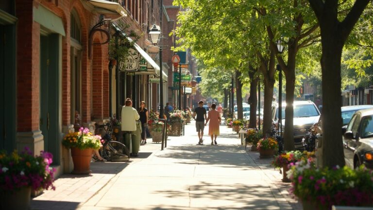 Lively pedestrian street with brick buildings, greenery, and people walking