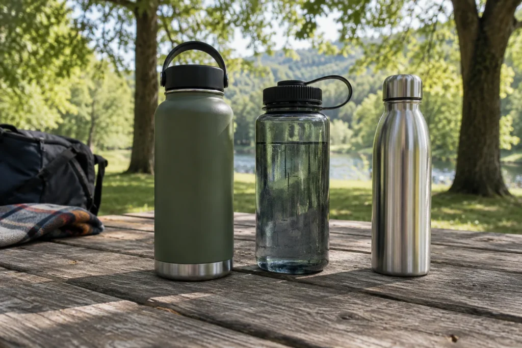 Water bottle in outdoor travel setting