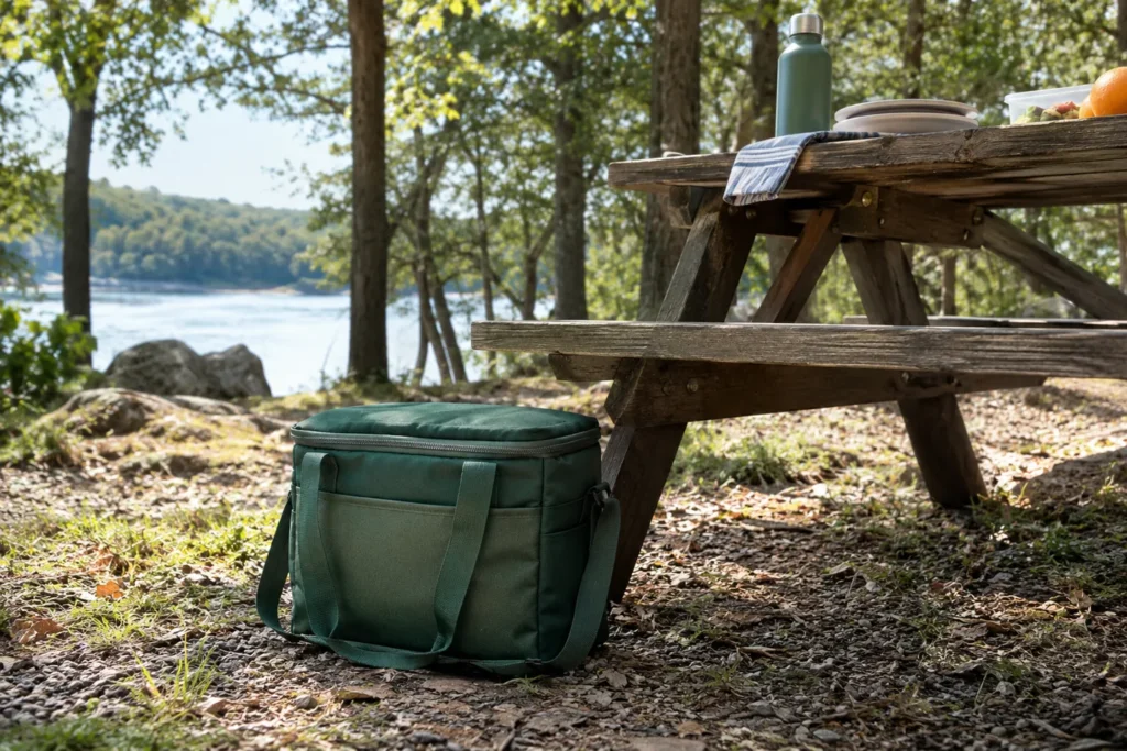 Soft cooler in outdoor travel setting
