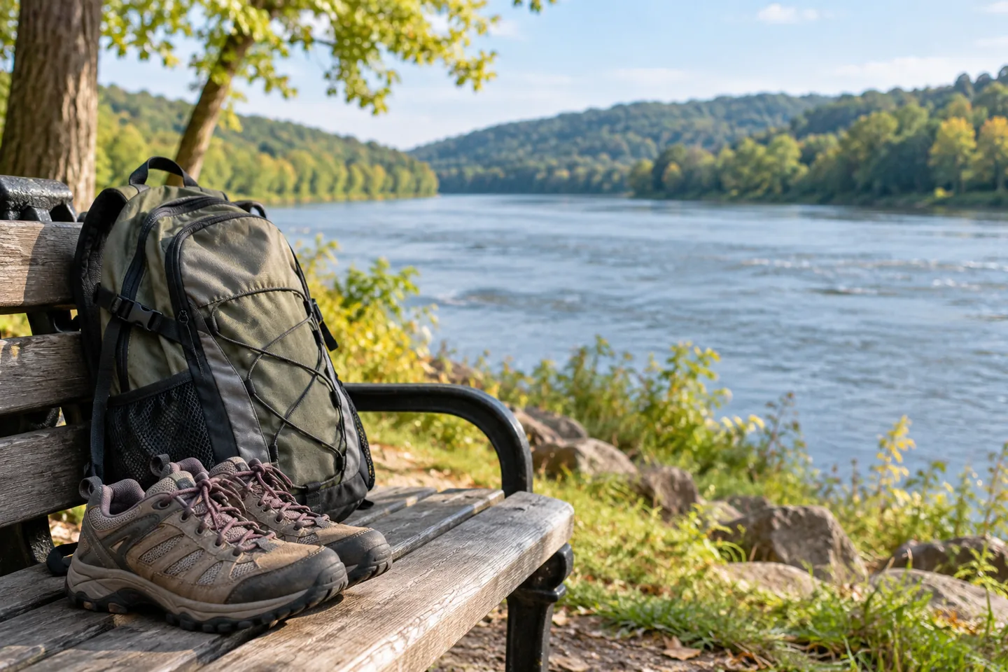 Walking shoes and daypack on bench