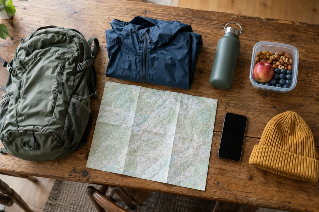 Day trip equipment on wooden table