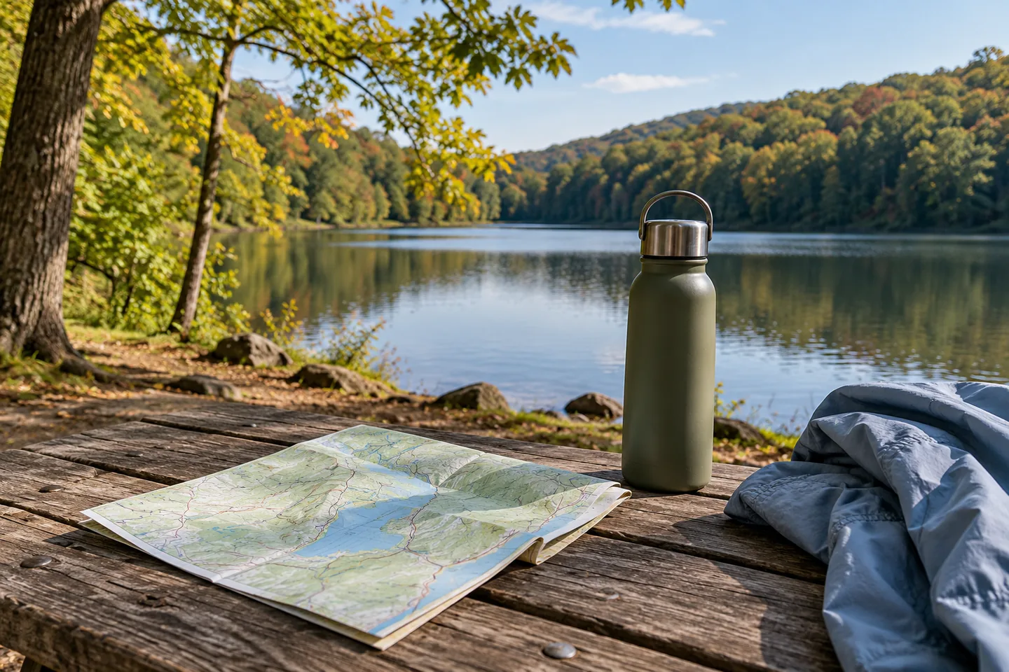 Map and bottle on picnic table
