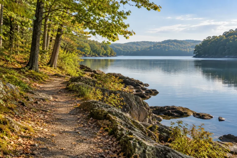 Wooded lake shore and walking path